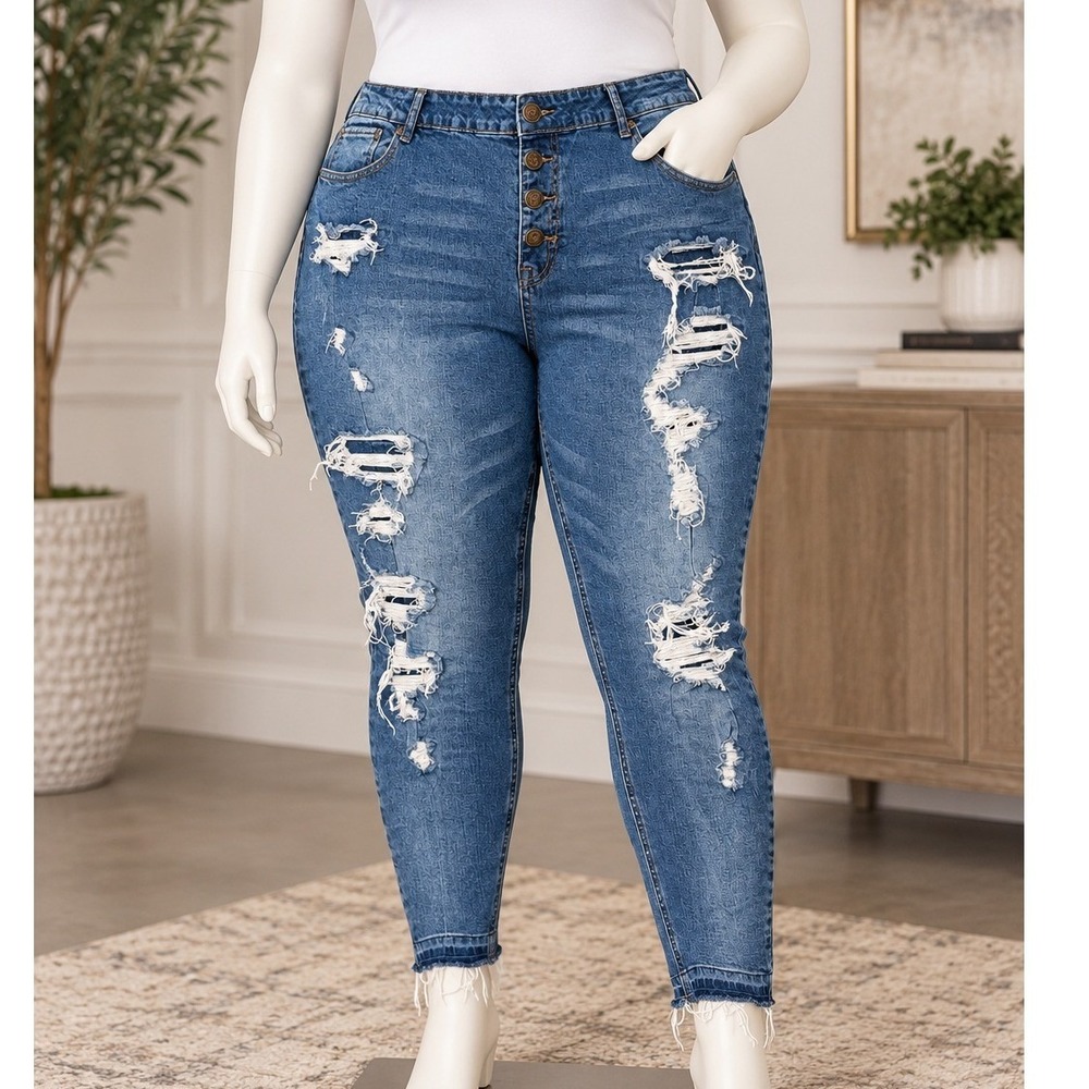 Hot Kiss High Rise Jegging Blue Raw Hem Button Fly Distressed Plus Size 22